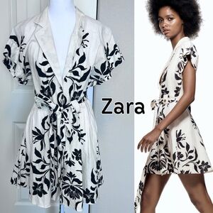 Zara linen blend belted button up shirt dress ecru black floral NWT Sz XL
